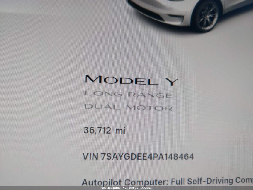 2023 Tesla Model Y Awd/Long Range Dual Motor All-Wheel Drive VIN: 7SAYGDEE4PA148464 Lot: 43988489