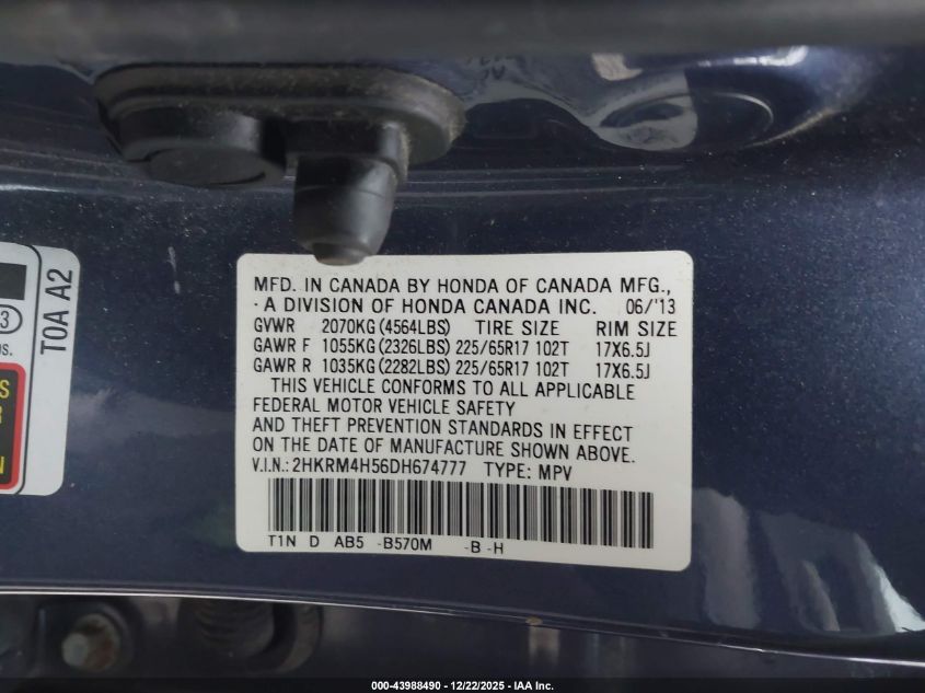 2013 Honda Cr-V Ex VIN: 2HKRM4H56DH674777 Lot: 43988490