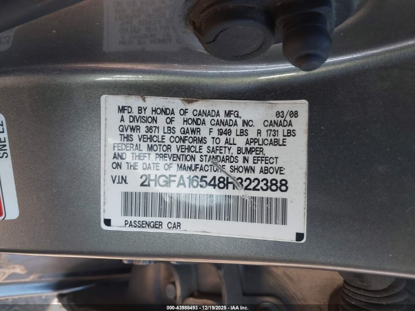 2008 Honda Civic Lx VIN: 2HGFA16548H322388 Lot: 43988493