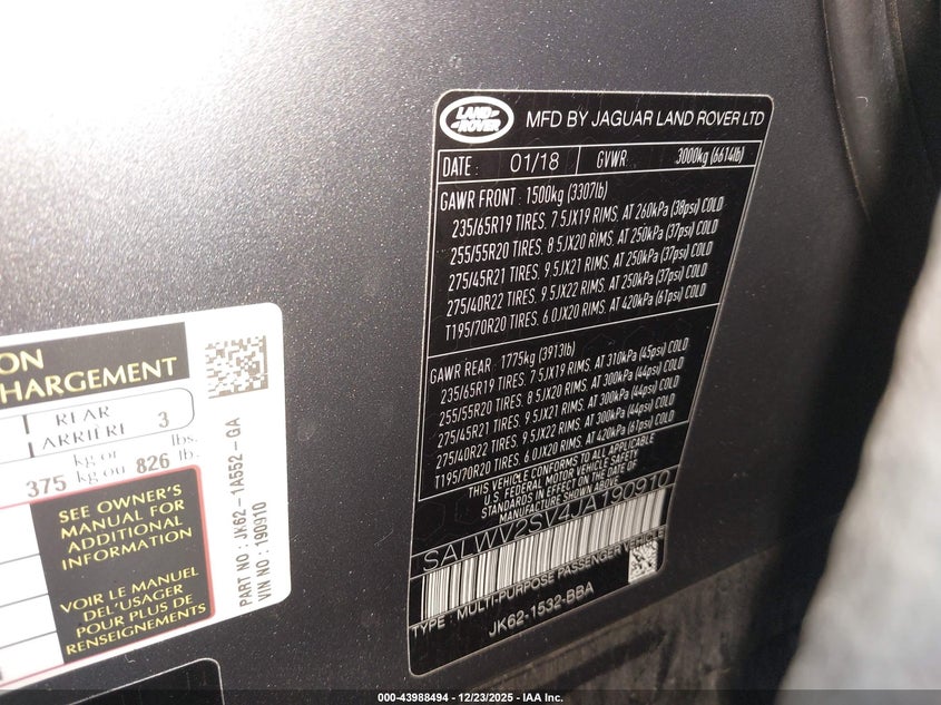 2018 Land Rover Range Rover Sport Hse Dynamic VIN: SALWV2SV4JA190910 Lot: 43988494