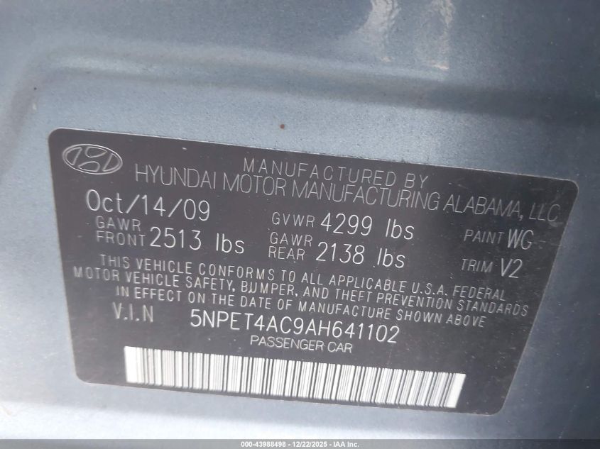 2010 Hyundai Sonata Gls VIN: 5NPET4AC9AH641102 Lot: 43988498