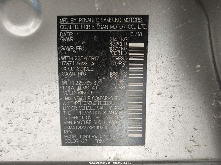 2019 Nissan Rogue S VIN: KNMAT2MV7KP510286 Lot: 43988501