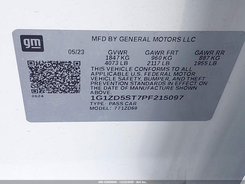 2023 Chevrolet Malibu Fwd 1Lt VIN: 1G1ZD5ST7PF215097 Lot: 43988506