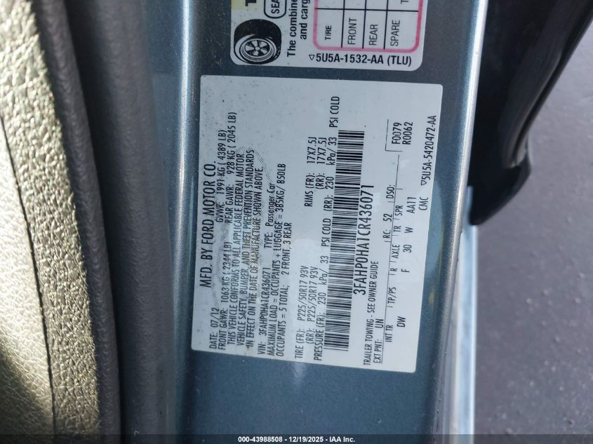 2012 Ford Fusion Se VIN: 3FAHP0HA1CR436071 Lot: 43988508