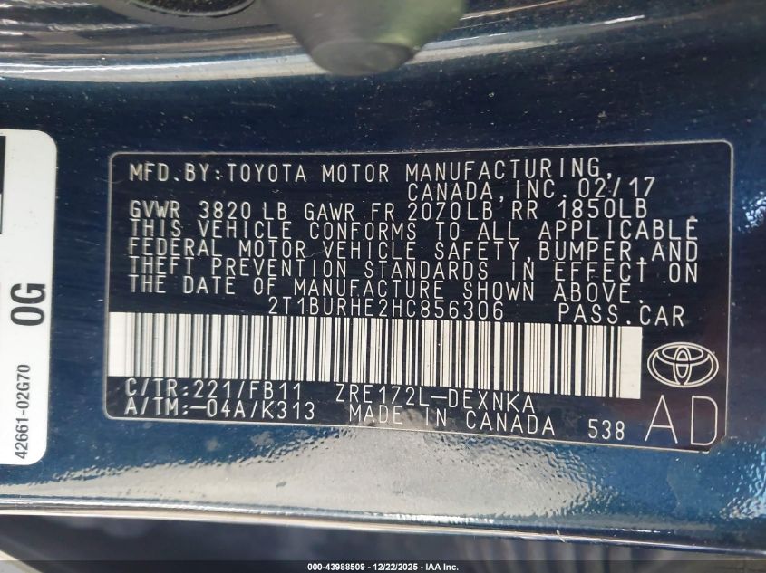 2017 Toyota Corolla Le VIN: 2T1BURHE2HC856306 Lot: 43988509