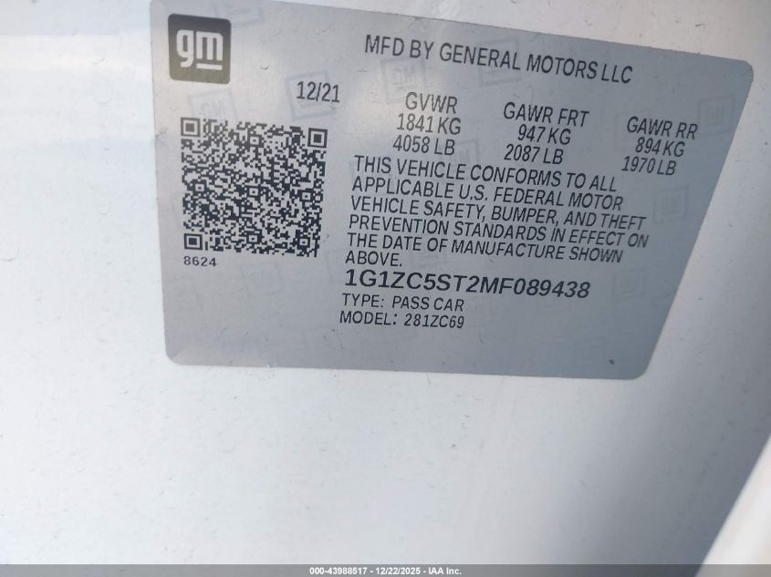 2021 Chevrolet Malibu Fwd 1Fl VIN: 1G1ZC5ST2MF089438 Lot: 43988517