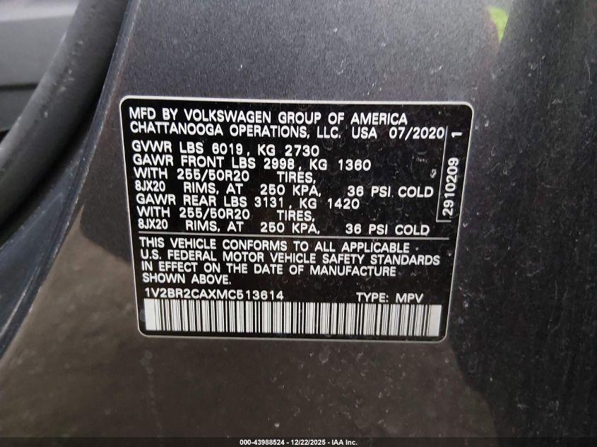 2021 Volkswagen Atlas 3.6L V6 Sel VIN: 1V2BR2CAXMC513614 Lot: 43988524