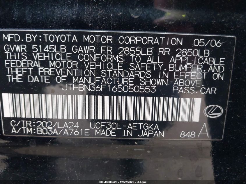 2006 Lexus Ls 430 VIN: JTHBN36F165050553 Lot: 43988526