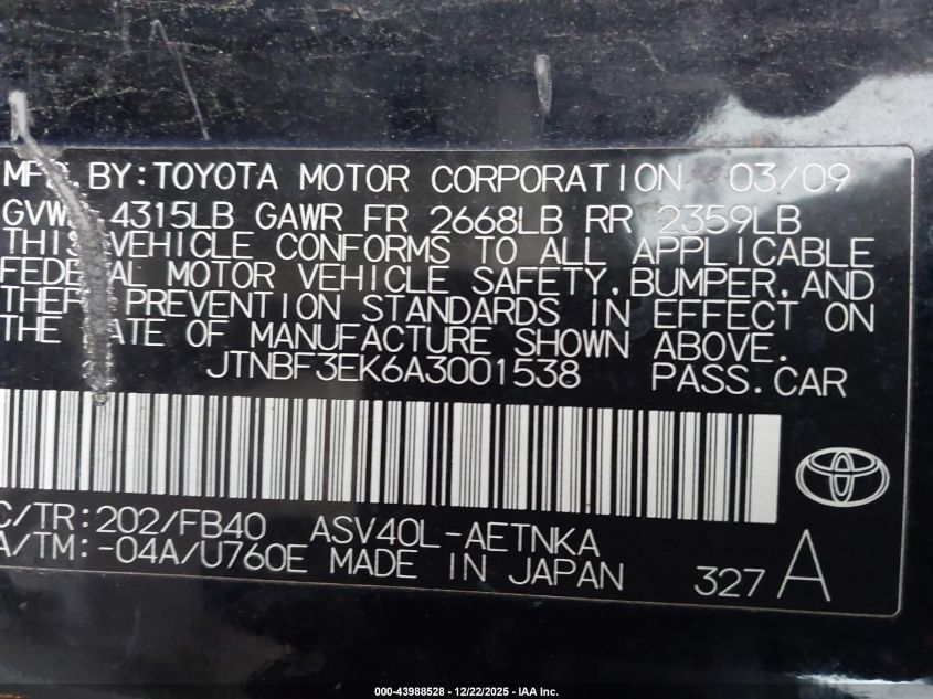 2010 Toyota Camry Le VIN: JTNBF3EK6A3001538 Lot: 43988528