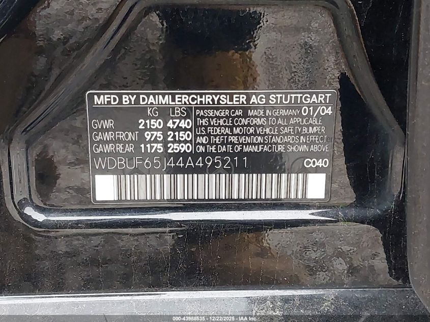 2004 Mercedes-Benz E 320 VIN: WDBUF65J44A495211 Lot: 43988535