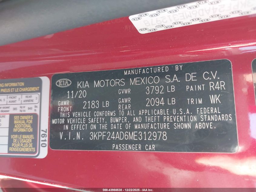 2021 Kia Forte Lxs VIN: 3KPF24AD6ME312978 Lot: 43988538