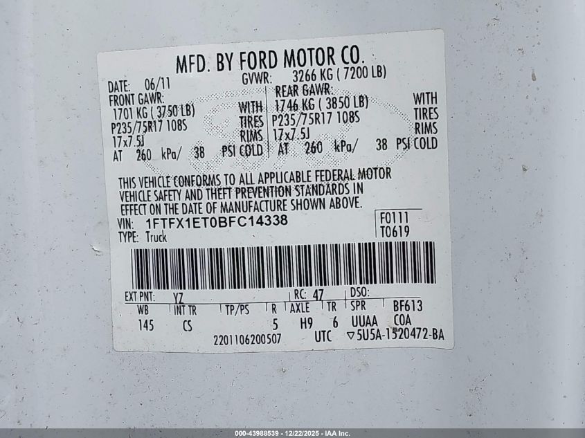 2011 Ford F-150 Xl VIN: 1FTFX1ET0BFC14338 Lot: 43988539