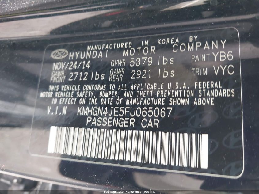 2015 Hyundai Genesis 3.8 VIN: KMHGN4JE5FU065067 Lot: 43988542