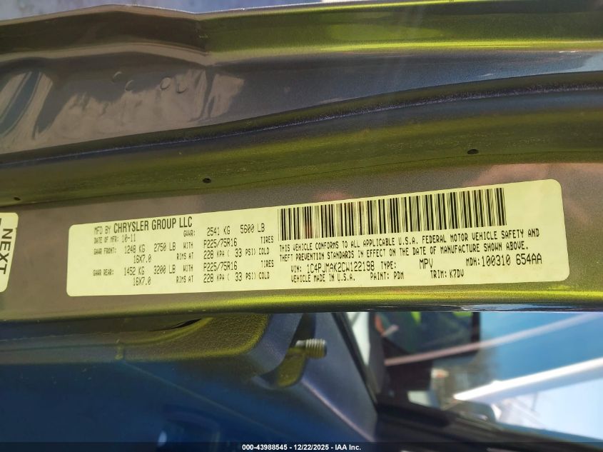 2012 Jeep Liberty Sport VIN: 1C4PJMAK2CW122198 Lot: 43988545