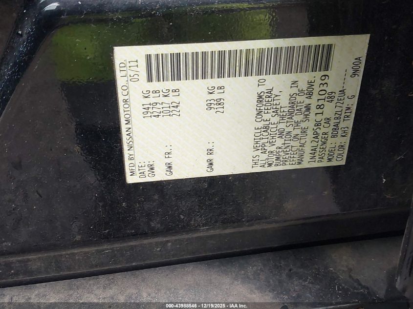 2011 Nissan Altima 2.5 S VIN: 1N4AL2AP5BC181039 Lot: 43988546