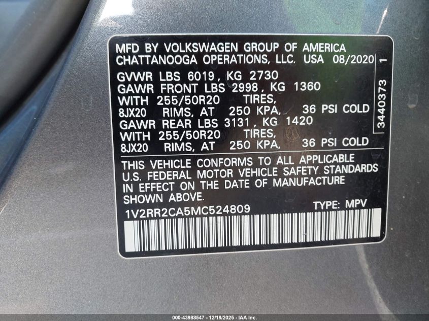 2021 Volkswagen Atlas 3.6L V6 Se W/Technology R-Line VIN: 1V2RR2CA5MC524809 Lot: 43988547