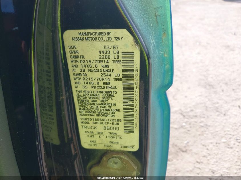1997 Nissan 4X2 Truck Se/Xe VIN: 1N6SD16S6VC372389 Lot: 43988549