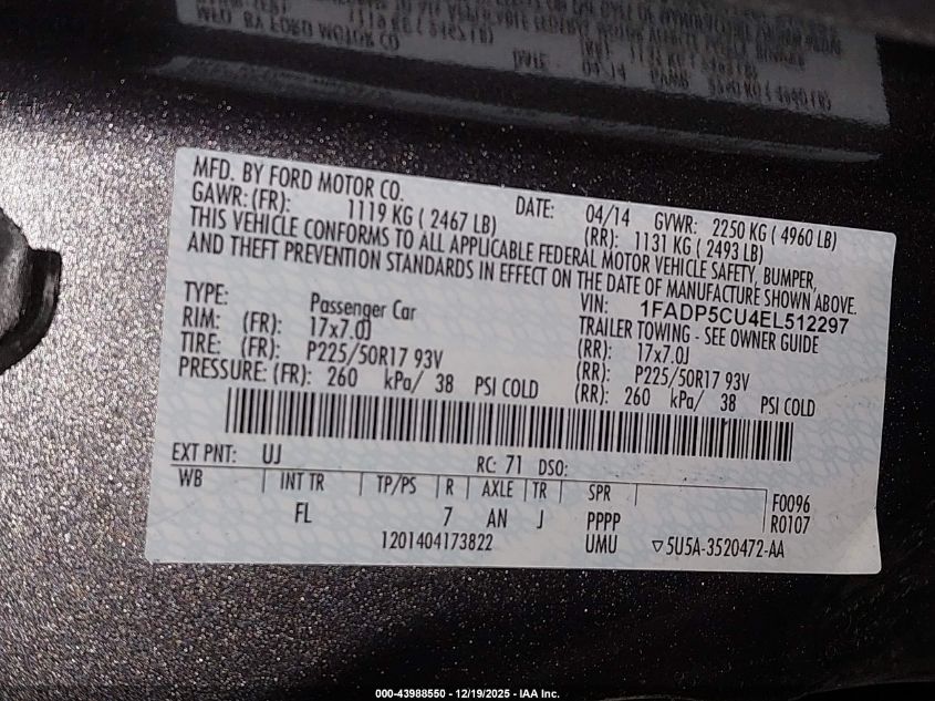 2014 Ford C-Max Energi Sel VIN: 1FADP5CU4EL512297 Lot: 43988550