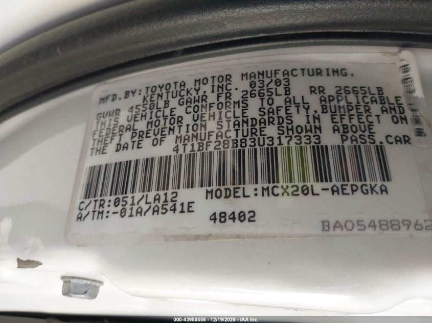 2003 Toyota Avalon Xls VIN: 4T1BF28B83U317333 Lot: 43988556