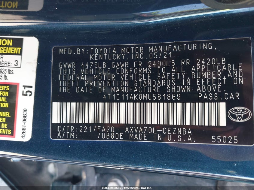 2021 Toyota Camry Le VIN: 4T1C11AK8MU581869 Lot: 43988565
