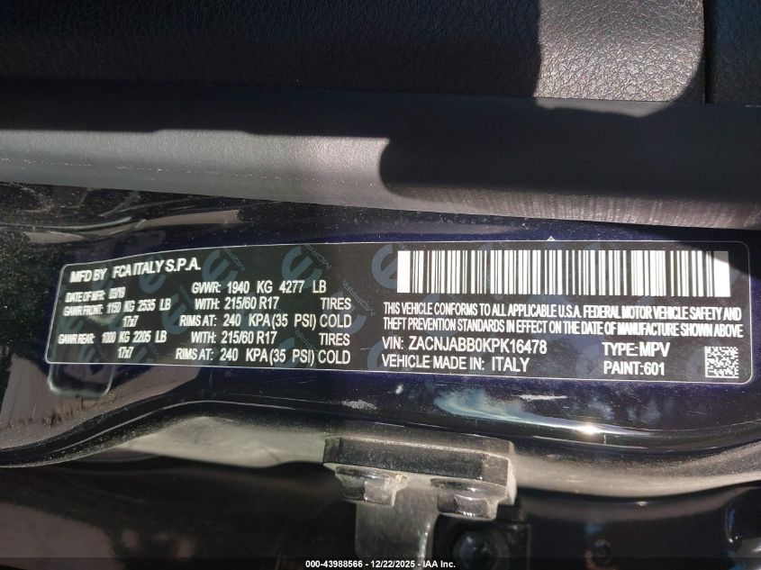 2019 Jeep Renegade Altitude Fwd VIN: ZACNJABB0KPK16478 Lot: 43988566