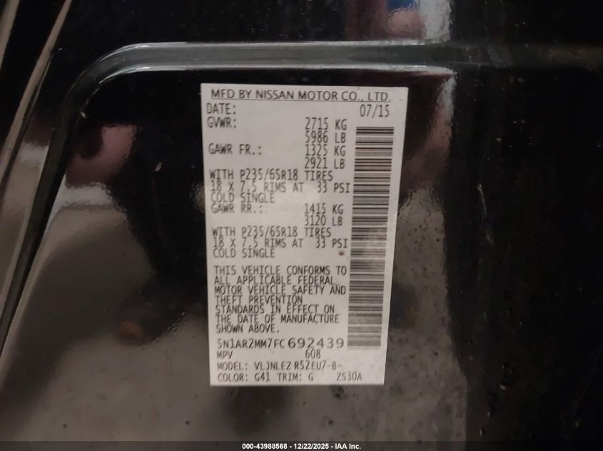 2015 Nissan Pathfinder Sv VIN: 5N1AR2MM7FC692439 Lot: 43988568