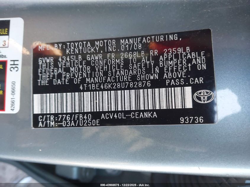 2008 Toyota Camry Le VIN: 4T1BE46K28U782876 Lot: 43988575