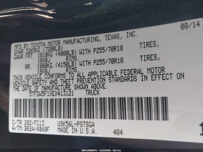 2014 Toyota Tundra Sr5 5.7L V8 VIN: 5TFDW5F1XEX413121 Lot: 43988578