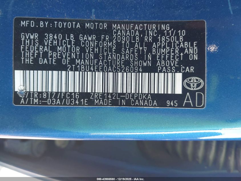 2010 Toyota Corolla Le VIN: 2T1BU4EE0AC526094 Lot: 43988580