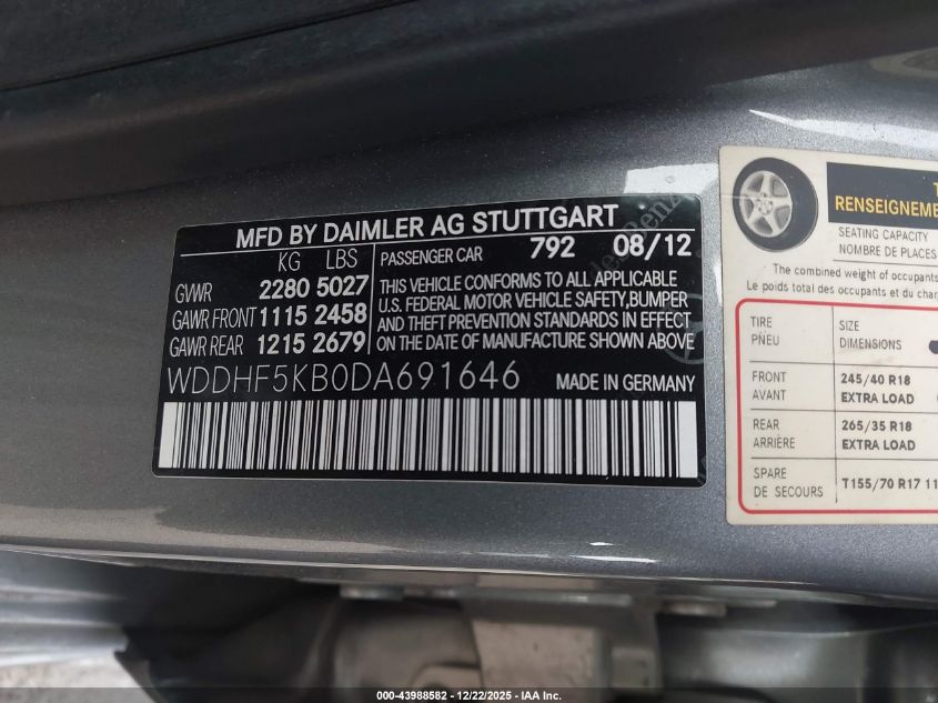 2013 Mercedes-Benz E 350 VIN: WDDHF5KB0DA691646 Lot: 43988582