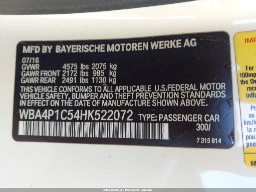 2017 BMW 440I VIN: WBA4P1C54HK522072 Lot: 43988584