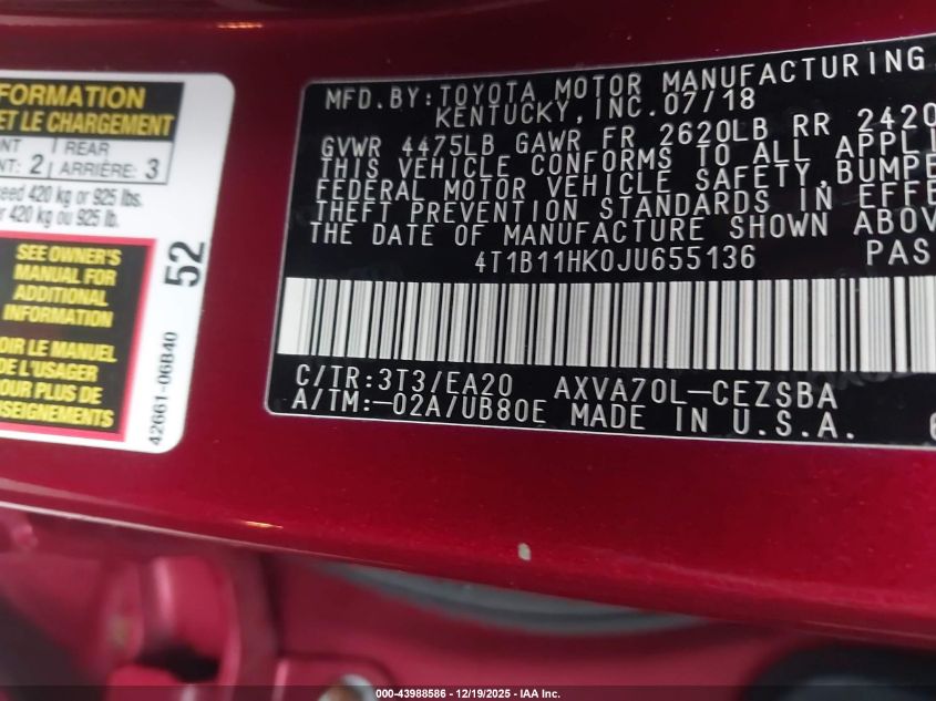 2018 Toyota Camry Se VIN: 4T1B11HK0JU655136 Lot: 43988586