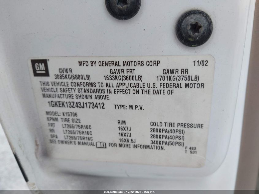 2003 GMC Yukon Slt VIN: 1GKEK13Z43J173412 Lot: 43988589