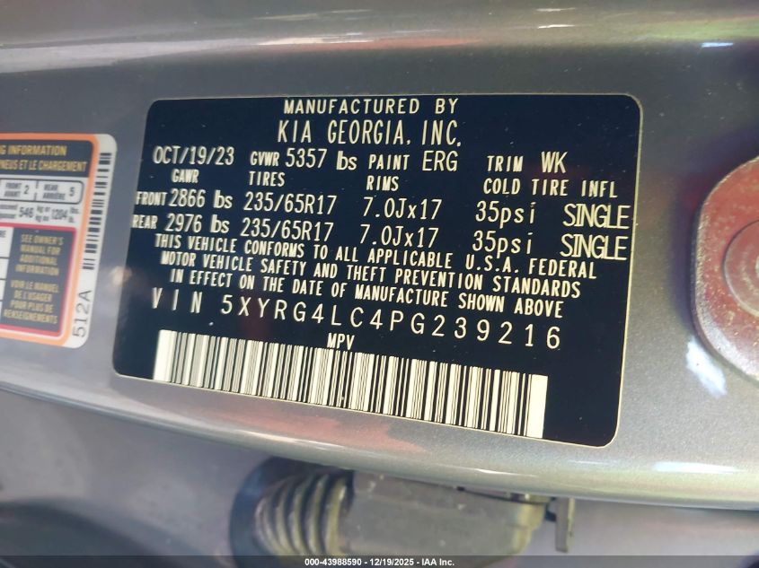 2023 Kia Sorento Lx VIN: 5XYRG4LC4PG239216 Lot: 43988590