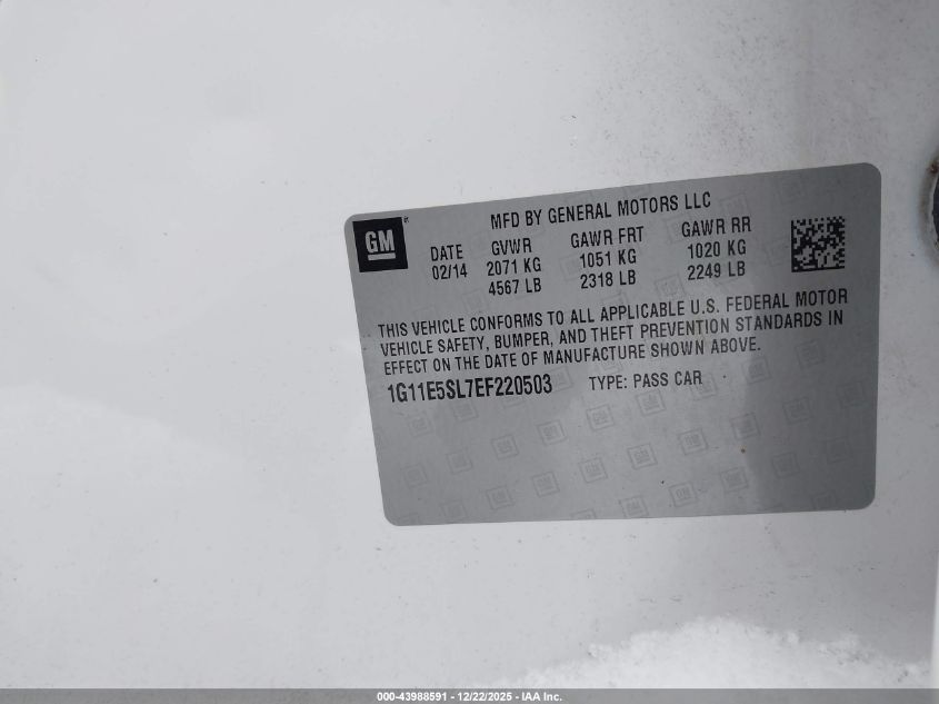 2014 Chevrolet Malibu 2Lt VIN: 1G11E5SL7EF220503 Lot: 43988591