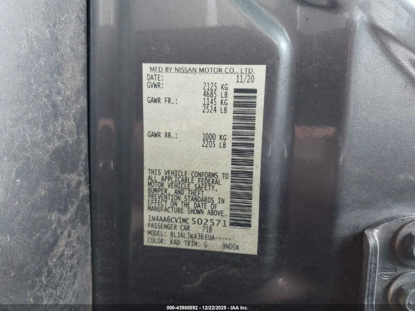 2021 Nissan Maxima Sv Xtronic Cvt VIN: 1N4AA6CV1MC502571 Lot: 43988592