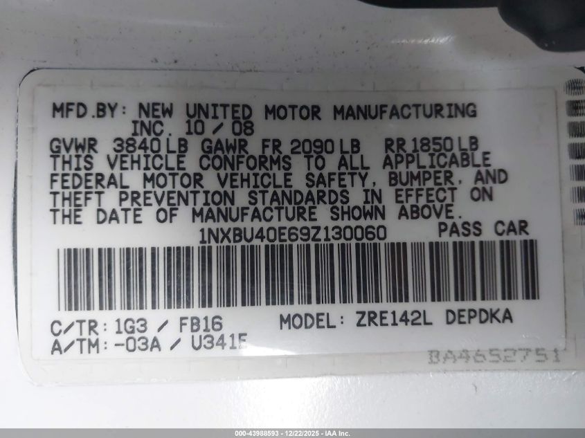 2009 Toyota Corolla Le VIN: 1NXBU40E69Z130060 Lot: 43988593