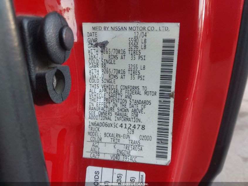 2005 Nissan Frontier Se VIN: 1N6AD06UX5C412478 Lot: 43988608