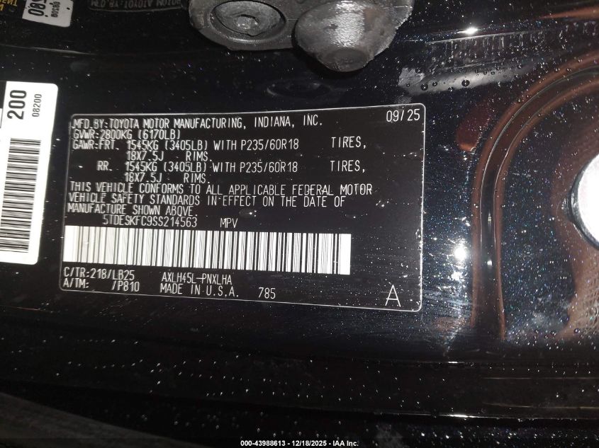 2025 Toyota Sienna Platinum VIN: 5TDESKFC9SS214563 Lot: 43988613