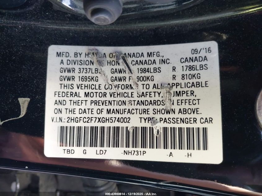 2016 Honda Civic Ex VIN: 2HGFC2F7XGH574002 Lot: 43988614