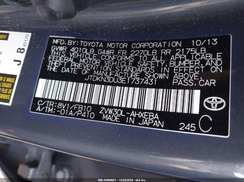 2014 Toyota Prius Two VIN: JTDKN3DU3E1737431 Lot: 43988621