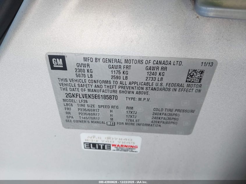 2014 GMC Terrain Sle-1 VIN: 2GKFLVEK5E6185870 Lot: 43988626