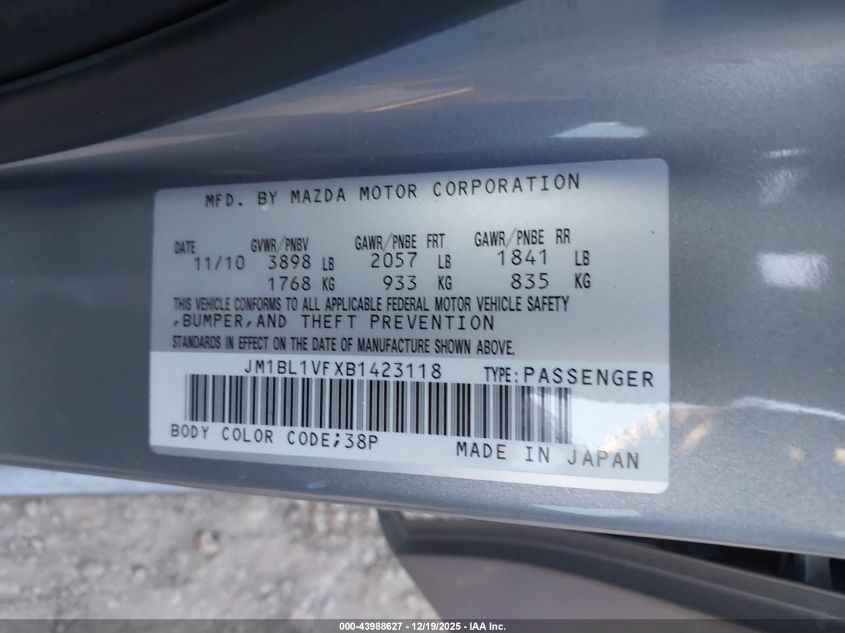 2011 Mazda Mazda3 I Touring VIN: JM1BL1VFXB1423118 Lot: 43988627