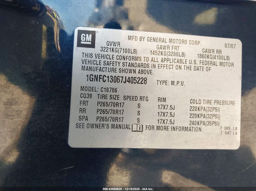 2007 Chevrolet Tahoe Lt VIN: 1GNFC13067J405228 Lot: 43988628