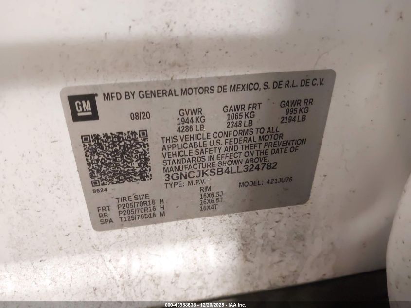 2020 Chevrolet Trax Fwd Ls VIN: 3GNCJKSB4LL324782 Lot: 43988638