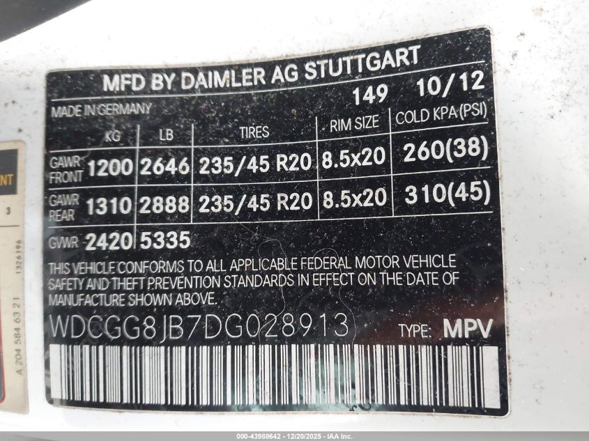 2013 Mercedes-Benz Glk 350 4Matic VIN: WDCGG8JB7DG028913 Lot: 43988642