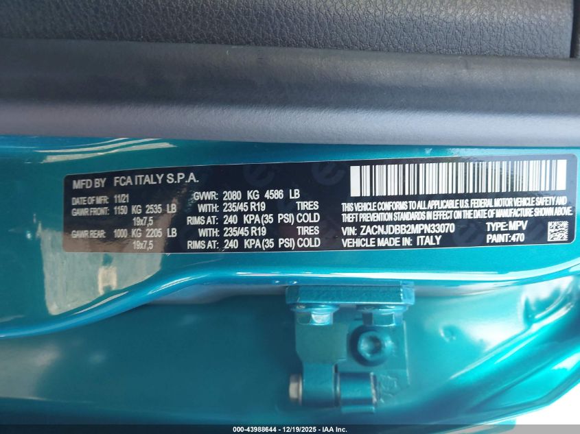 2021 Jeep Renegade Latitude VIN: ZACNJDBB2MPN33070 Lot: 43988644