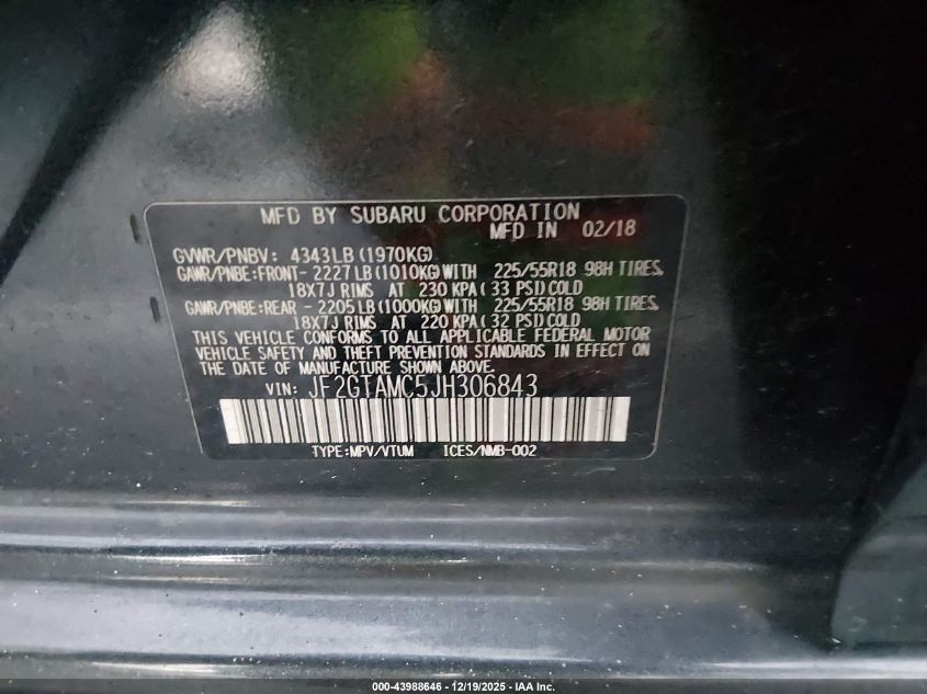 2018 Subaru Crosstrek 2.0I Limited VIN: JF2GTAMC5JH306843 Lot: 43988646