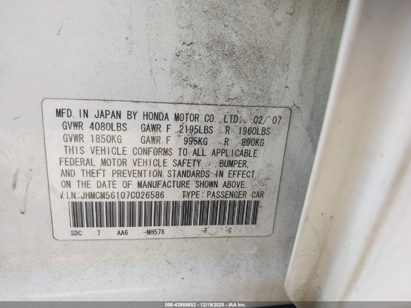 2007 Honda Accord 2.4 Vp VIN: JHMCM56107C026586 Lot: 43988652