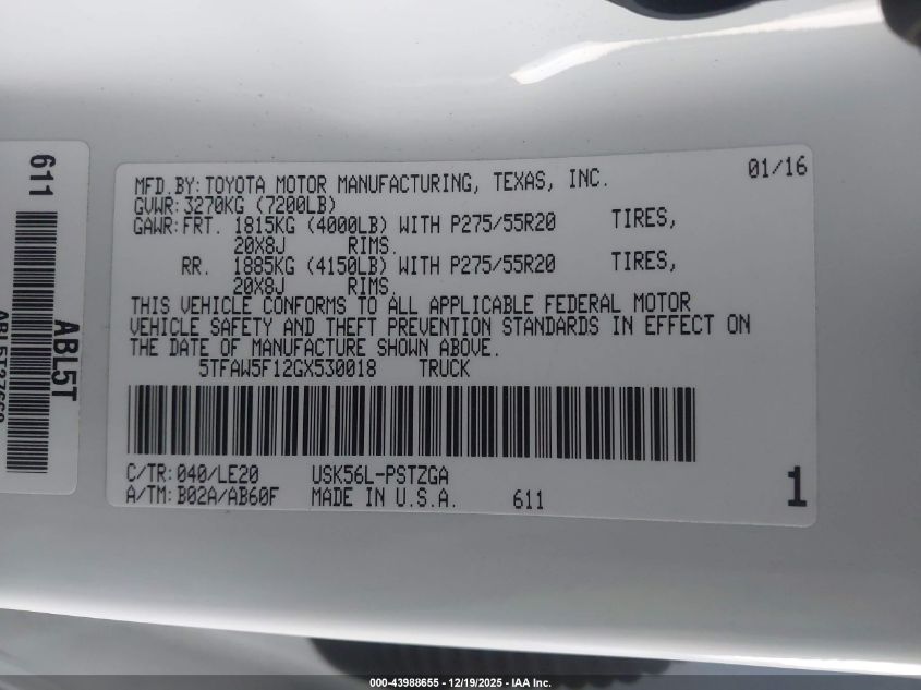 2016 Toyota Tundra Platinum 5.7L V8 VIN: 5TFAW5F12GX530018 Lot: 43988655